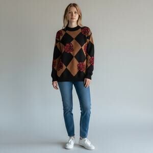 VTG DANA SCOTT Sweater Womens Sz M Red Gold harlequin/floral OVERSIZED pullover